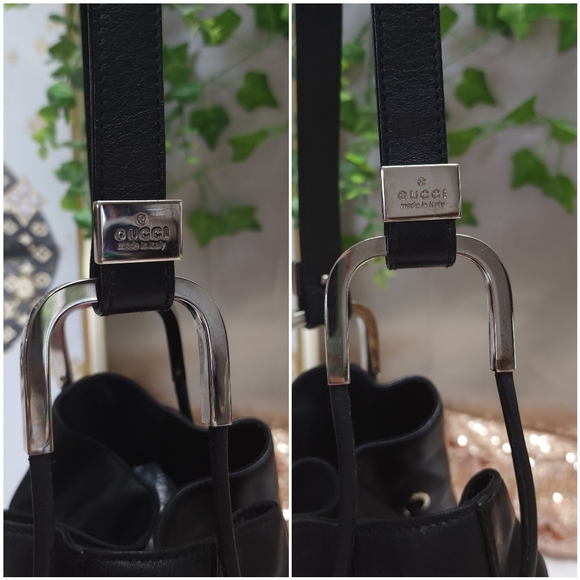 Authentic Gucci Shoulder Tote Drawstring Black Leather Bag W/ Dust Bag - Picture 9 of 17